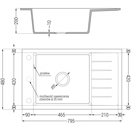 Elias Kjøkkenvask 1 Kum Med Avrenning 795 x 480 mm, Svart/Grå, Vannlås Svart - 6511791005-76-B