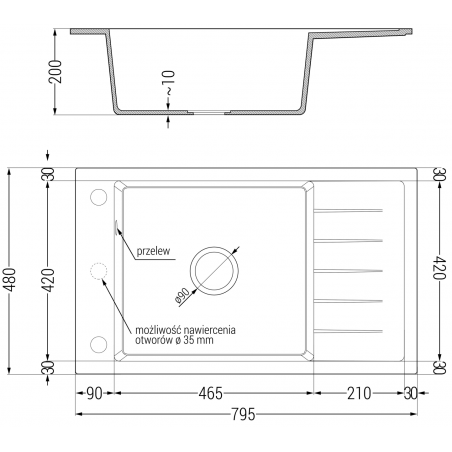 Elias Kjøkkenvask 1 Kum Med Avrenning 795 x 480 mm, Grå, Vannlås Krom - 6511791005-71