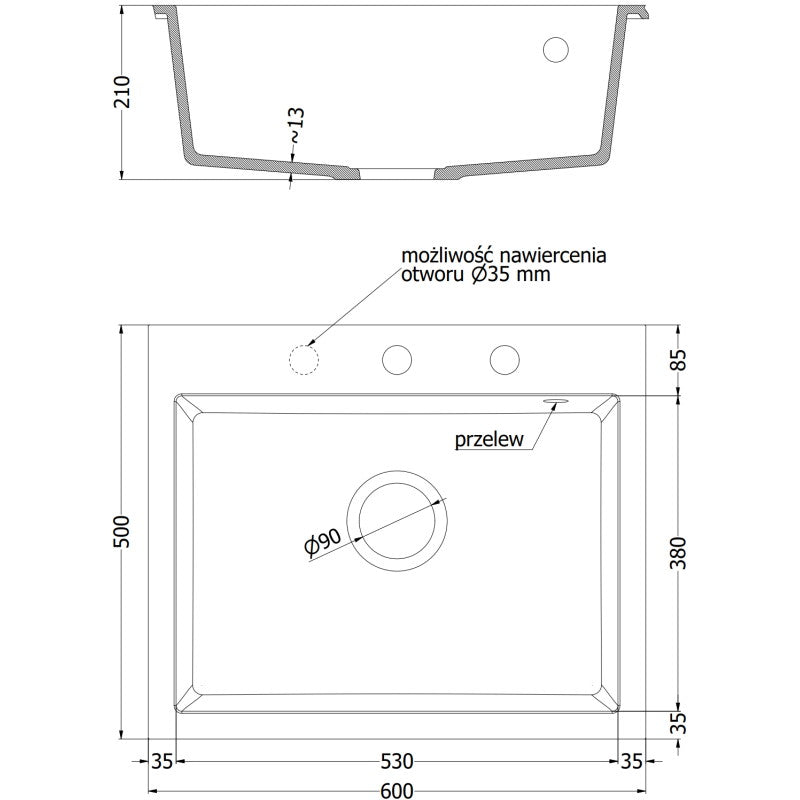 Måltegning Mexen Elix kjøkkenvask 600x500x210 mm med kumdybde 195 mm og avløp ø90 mm