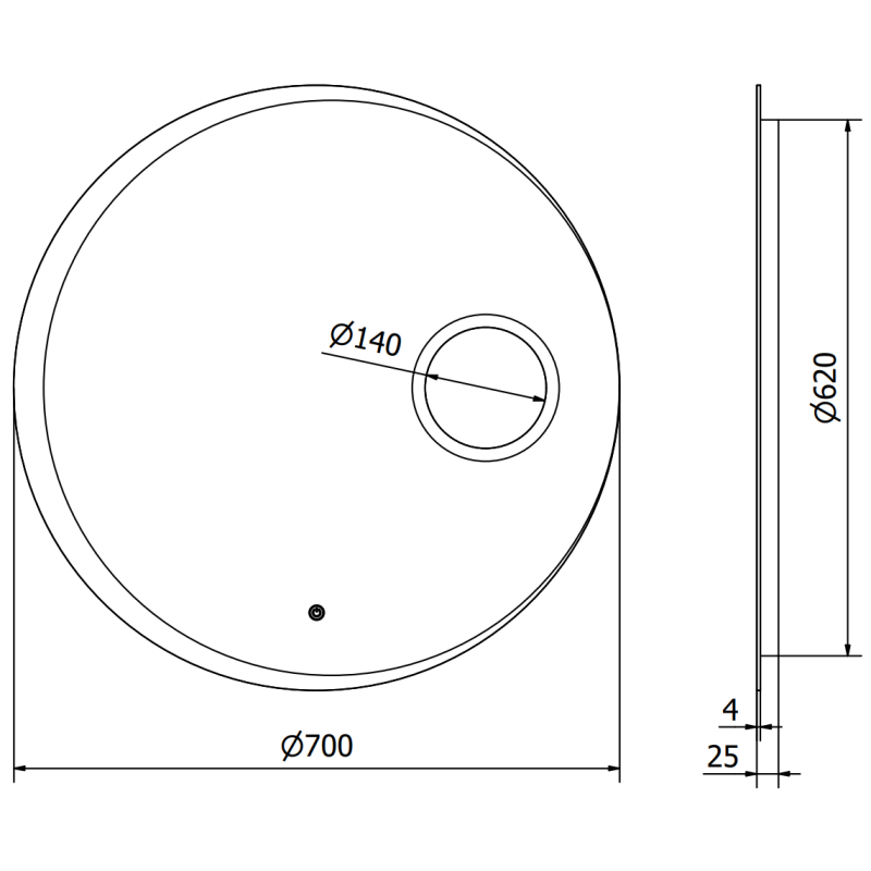 Speil med lys teknisk tegning av rundt speil med 700 mm diameter, hull på 140 mm og 25 mm tykkelse.