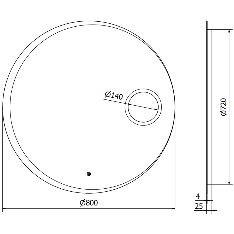 Speil til bad teknisk tegning av rundt LED-speil 80 cm med mål og utsparinger, sett ovenfra og fra siden.