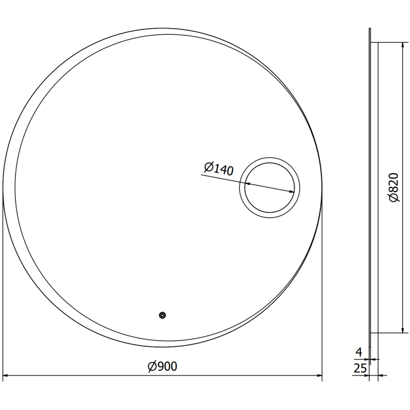 Speil til bad teknisk tegning av rundt speil med lys, diameter 90 cm, sentralt hull og 25 mm tykkelse.