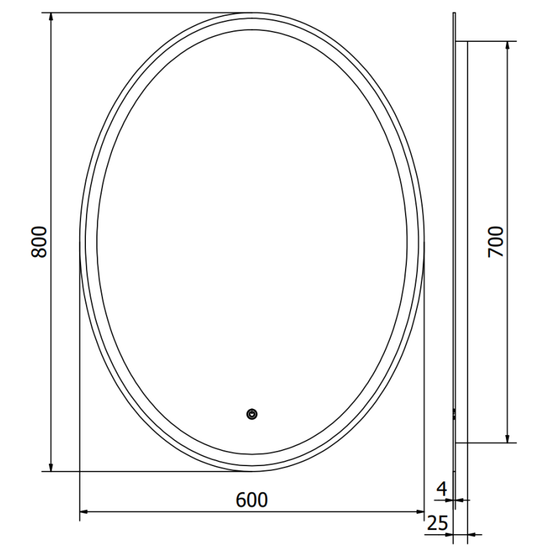 Speil med lys teknisk tegning av rektangulært LED-speil 60x80 cm med mål og dybde fra flere vinkler.