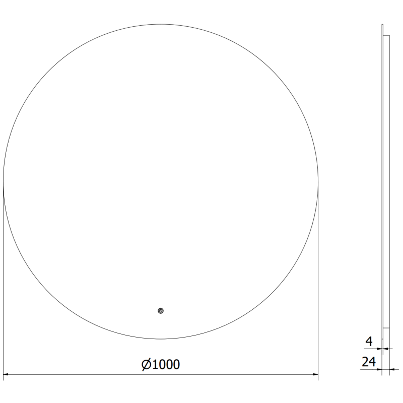 Speil til bad teknisk tegning av rundt LED-speil 100 cm diameter, 24 mm tykkelse, sett fra topp og side.