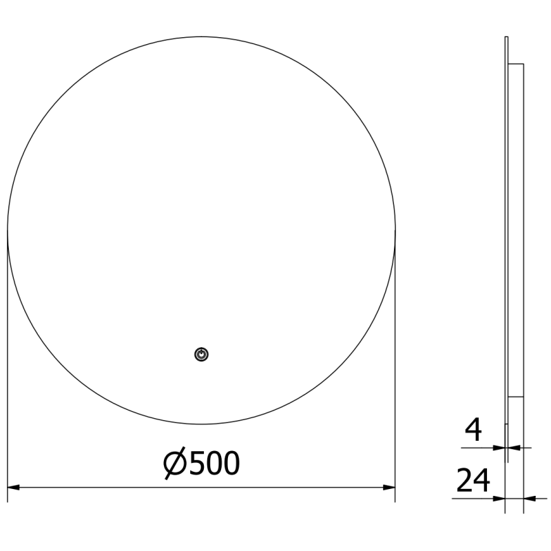Speil til bad teknisk tegning av rundt LED-speil 50 cm, vist forfra og fra siden med mål.