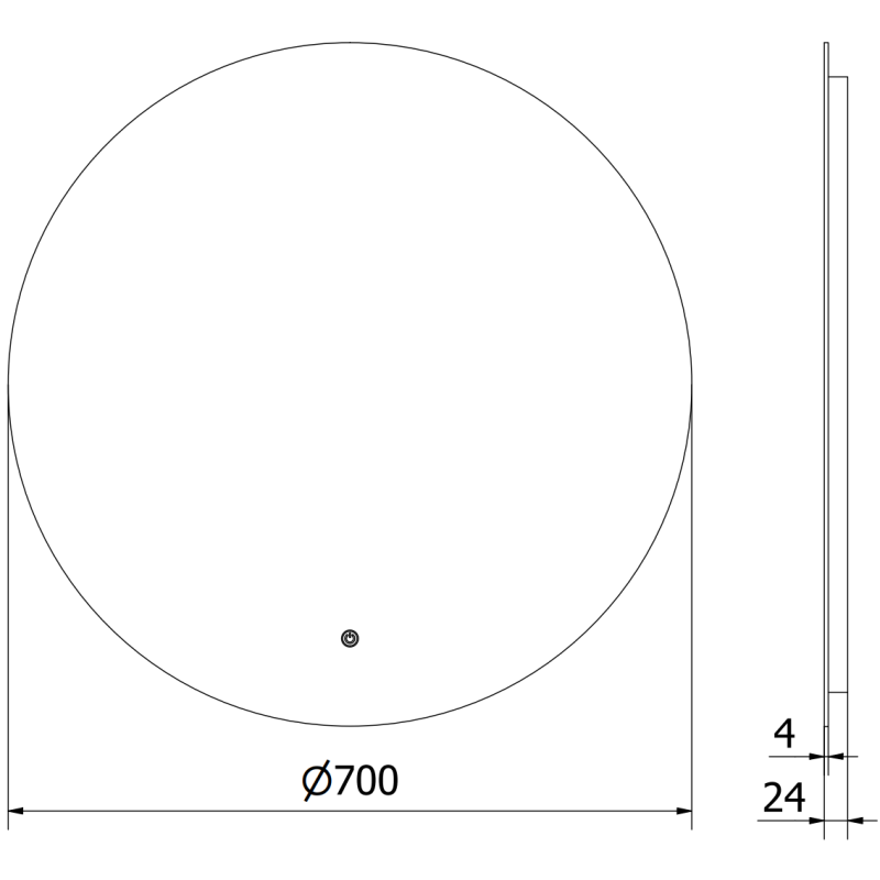Speil til bad teknisk tegning av rundt LED-speil 70 cm med 24 mm tykkelse og 4 mm kant, sett fra siden.