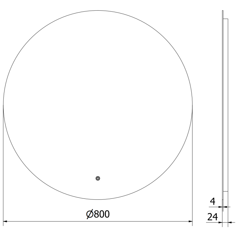Speil til bad teknisk tegning av rundt LED-speil 80 cm med mål og sideprofil.