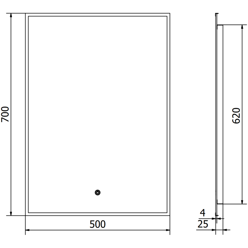 Speil med lys teknisk tegning av Mexen Erma 50 x 70 cm med mål og svart ramme vist forfra og fra siden.