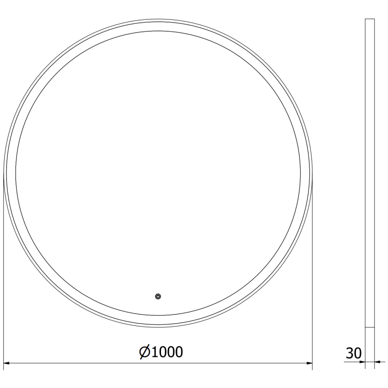 Speil med lys teknisk strektegning av rundt speil Mexen Esso 100 cm, vist forfra og fra siden.