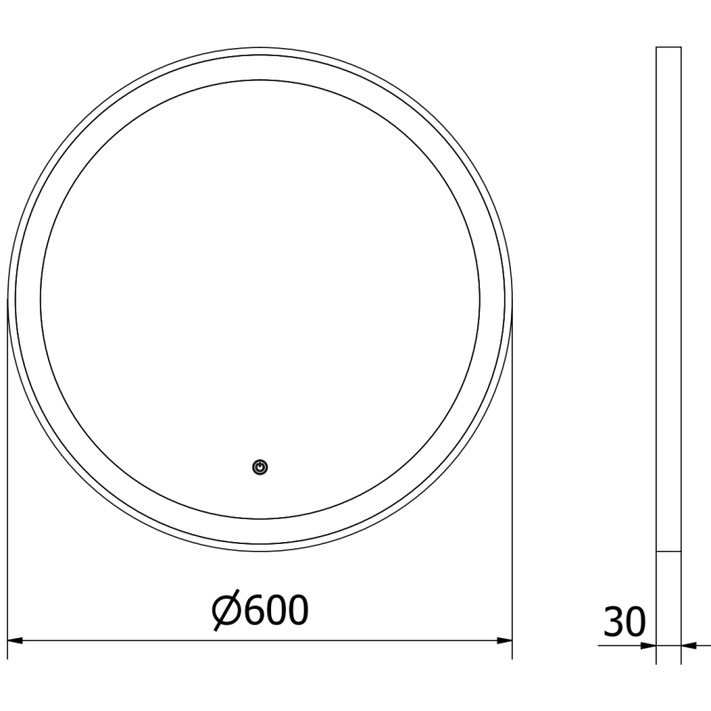 Speil med lys teknisk strekillustrasjon av rundt speil 60 cm med svarte rammer og målangivelser.