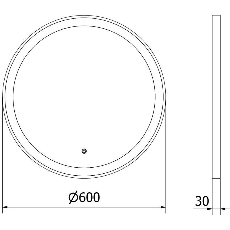 Speil med lys teknisk strekillustrasjon av rundt LED-speil 60 cm med gullramme, sett forfra og fra siden.