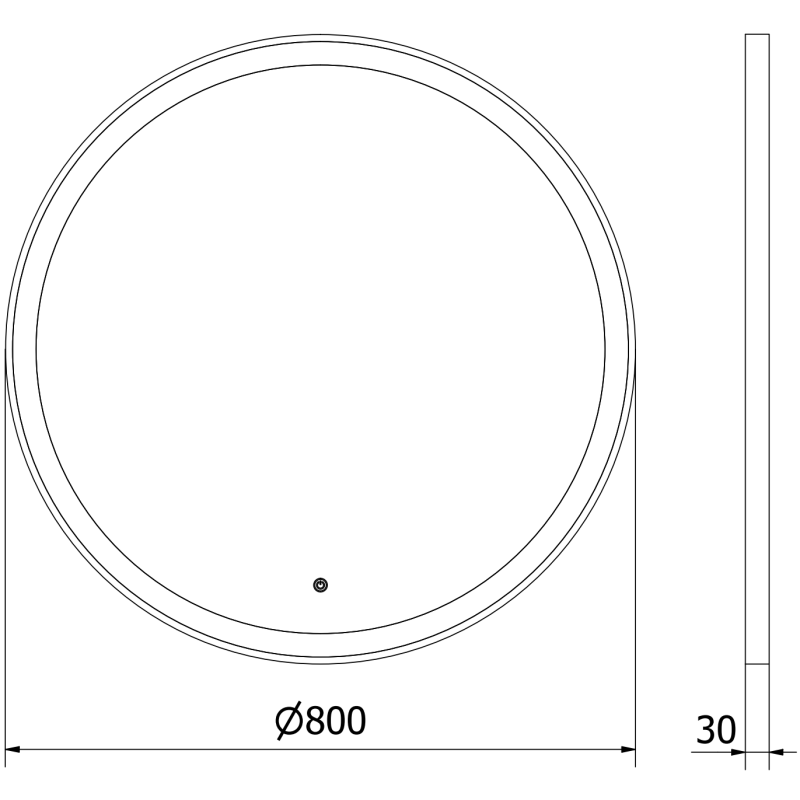 Speil med lys teknisk strektegning av rundt LED-speil 80 cm med svart ramme, vist forfra og fra siden.