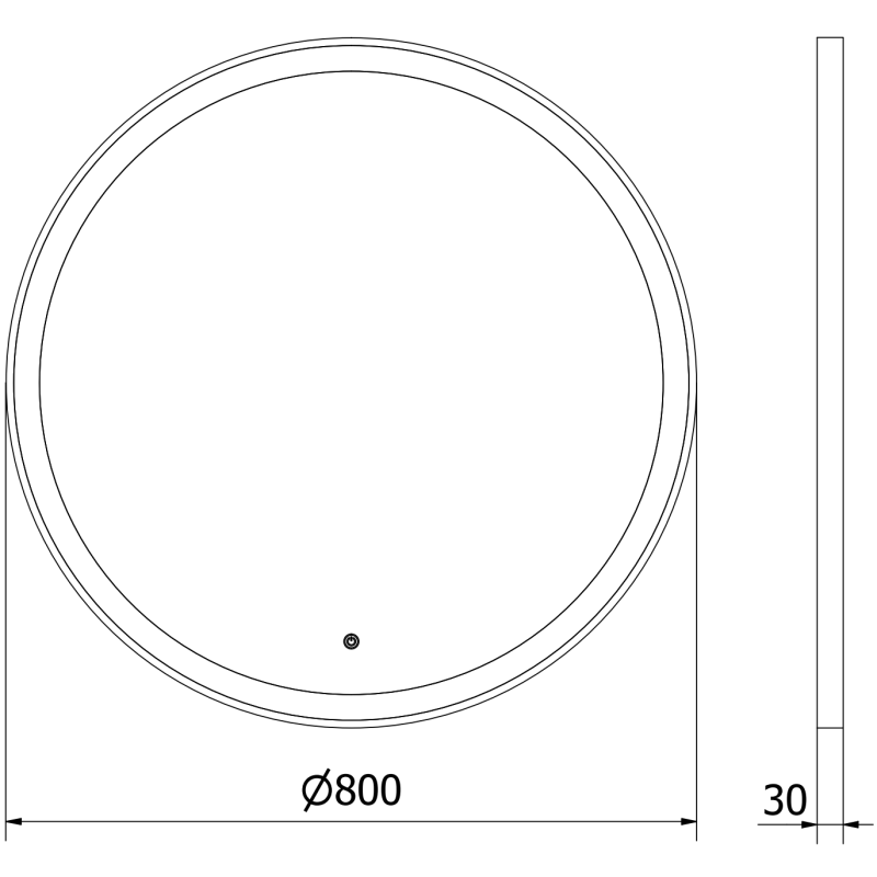 Speil med lys teknisk strekillustrasjon av rundt speil Mexen Esso 80 cm med mål og sentrert hull.