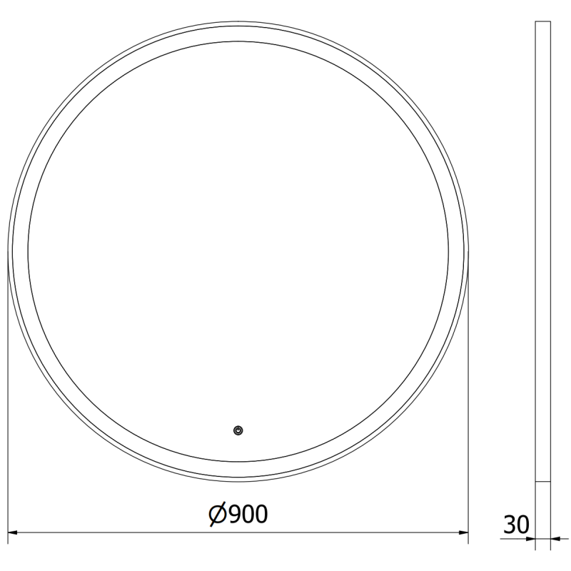 Speil med lys rund 90 cm LED Mexen Esso vist som teknisk tegning med mål i diameter og tykkelse.