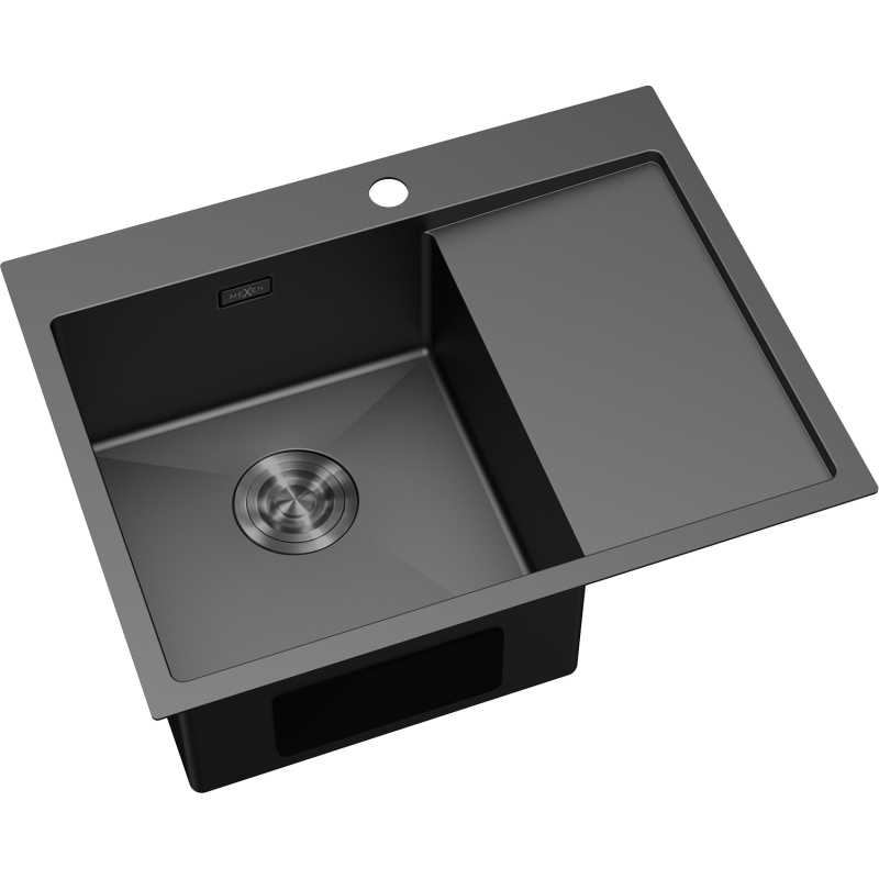 Kjøkkenvask Rustfritt Stål Mexen Exar svart 620x480 mm med stor kum og avrenningsfelt sett skrått ovenfra.