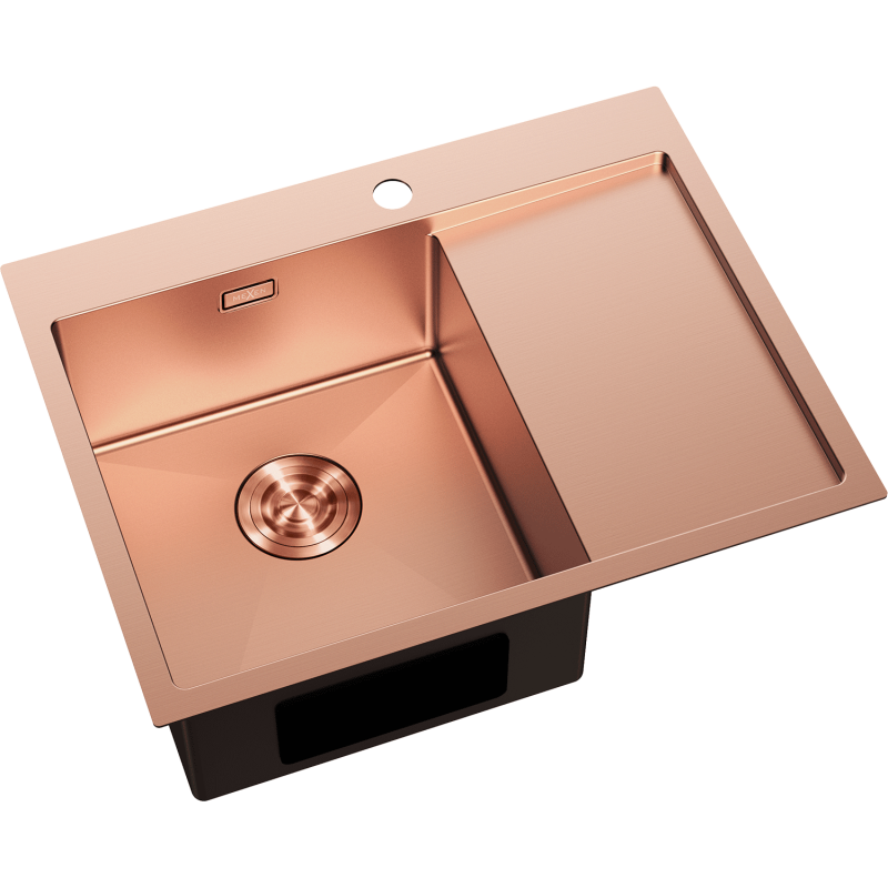 Kjøkkenvask Rustfritt Stål Mexen Exar i roséfarge med én kum og stor avrenningsflate til høyre.