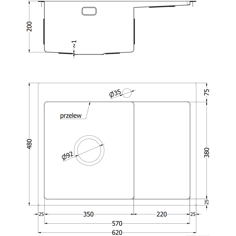 Kjøkkenvask i stål teknisk tegning med mål i millimeter, modell Mexen Exar 620 x 480 mm.