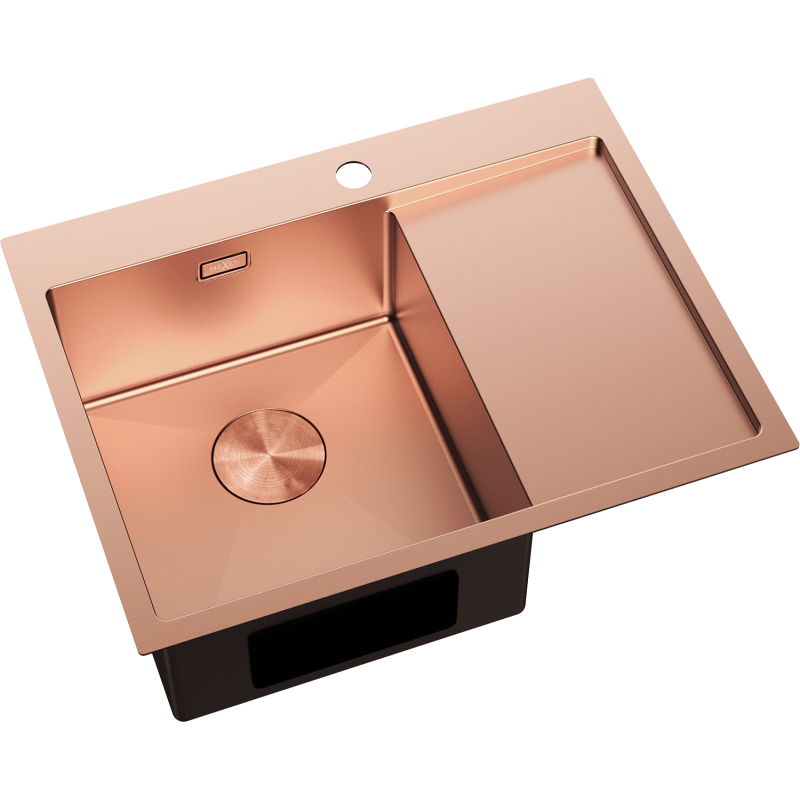 Stål Kjøkkenvask Mexen Exar 620 x 480 mm i børstet kobber med én kum og sidefelt, sett i vinkel.