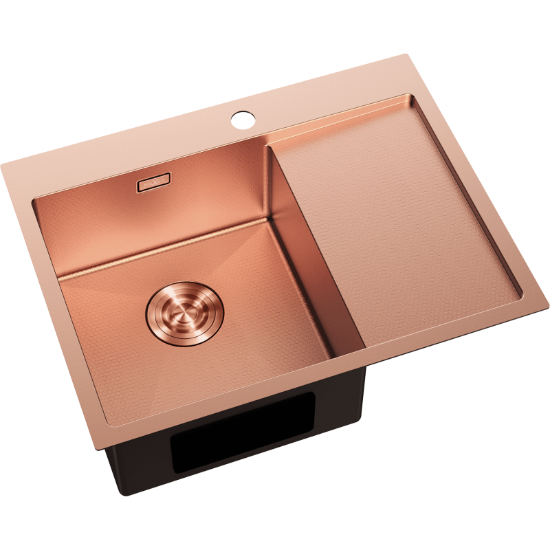 Kjøkkenvask Rustfritt Stål i børstet kobber, stor venstrekum og avrenningsfelt, sett skrått ovenfra.