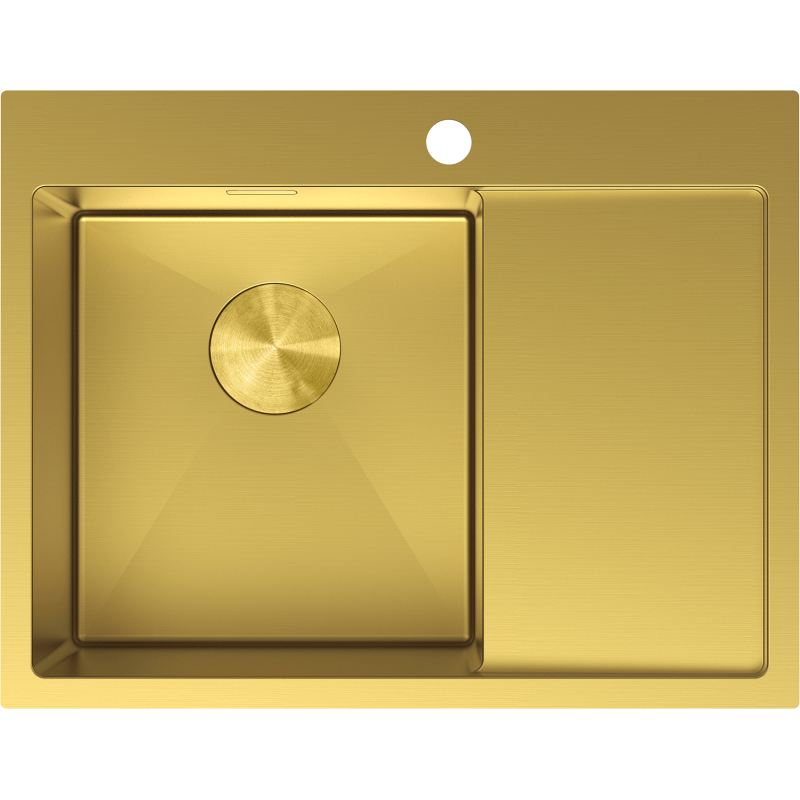 Kjøkkenvask i stål Mexen Exar 620x480 mm i børstet gull, sett ovenfra med kum og avrenningsfelt.