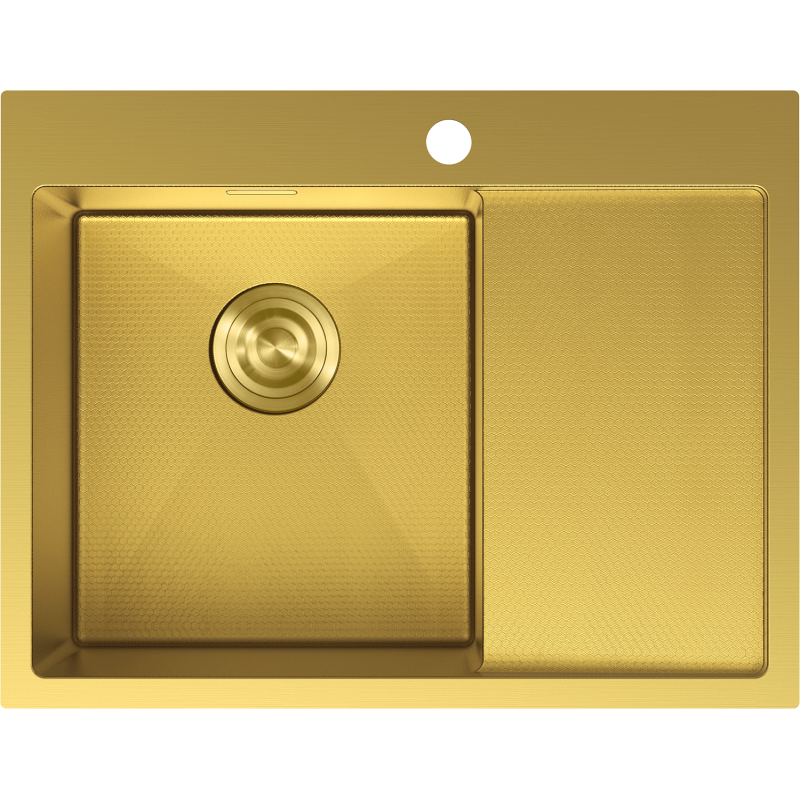 Stålvask Mexen 6431621005l-55hc i gull, sett ovenfra med én kum og rillet avrenner til høyre.