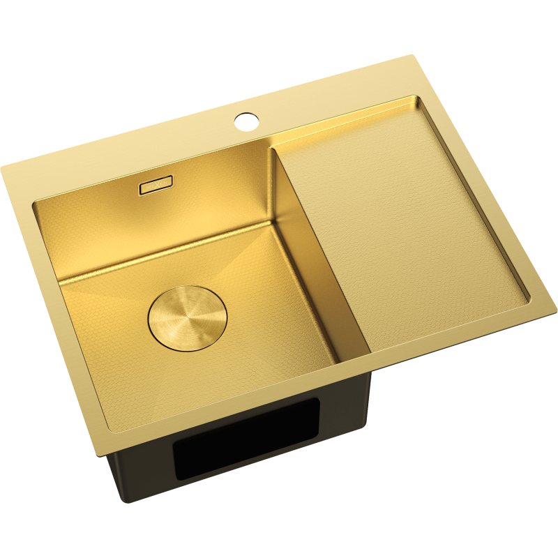 Stål Kjøkkenvask i gull med én kum, venstre avrenner og strukturert sidefelt, sett fra skrått fugleperspektiv.