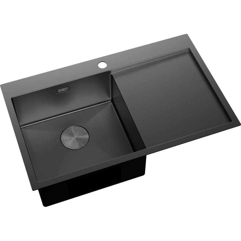 Stål Kjøkkenvask svart Mexen 780 x 480 mm med venstre kum og høyre avrenningsflate, fugleperspektiv.
