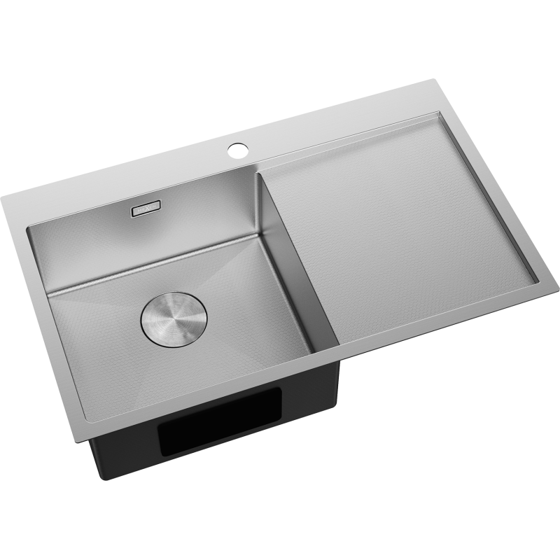 Stål Kjøkkenvask Mexen Exar med én stor kum til venstre og avrenner til høyre, sett ovenfra.