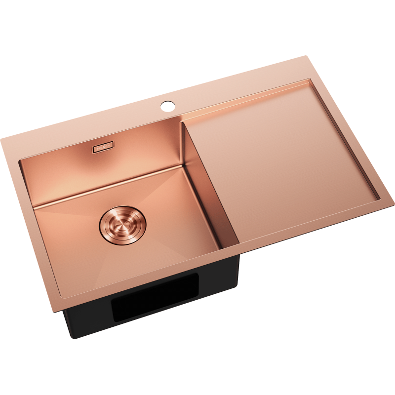 Kjøkkenvask Rustfritt Stål Mexen Exar i børstet kobber med ett kum og avrenningsflate, sett skrått ovenfra.