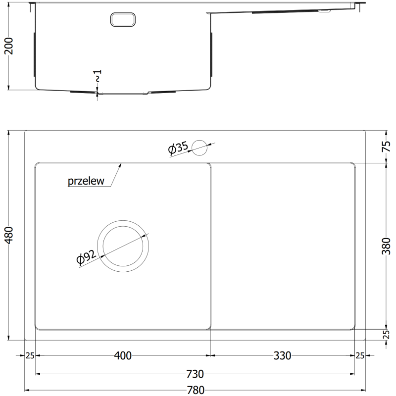 Kjøkkenvask i stål teknisk tegning av dobbel vask Mexen Exar 780 x 480 mm med mål og detaljer.