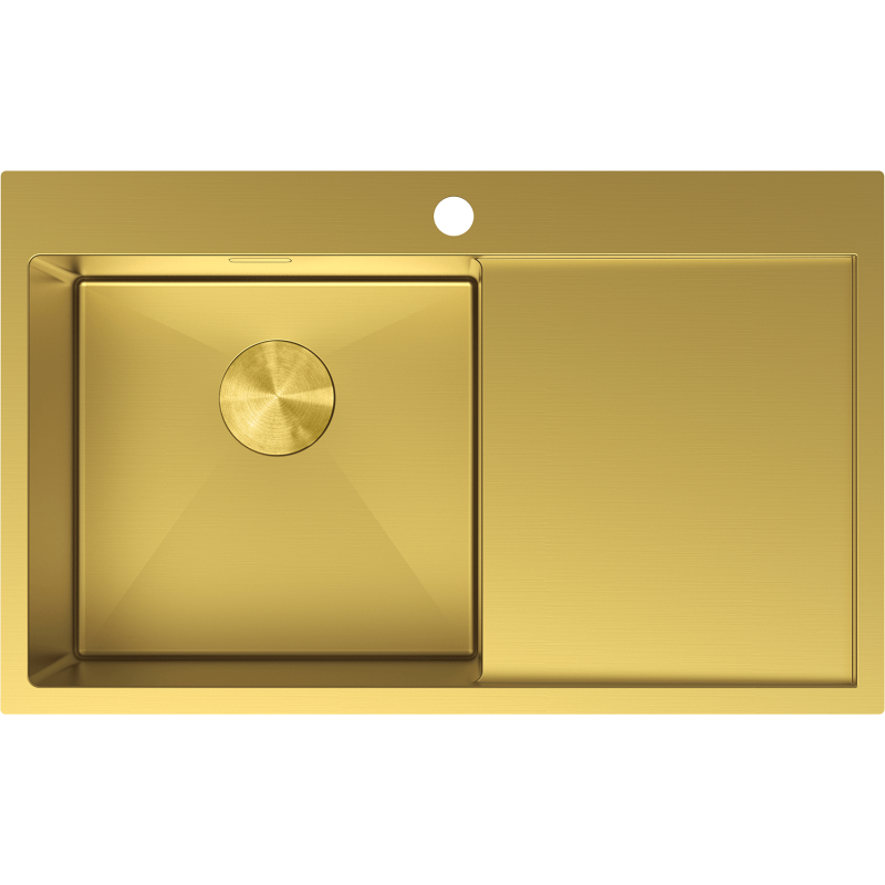 Kjøkkenvask i stål 780 x 480 mm i børstet gull med én kum til venstre og avrenner til høyre.