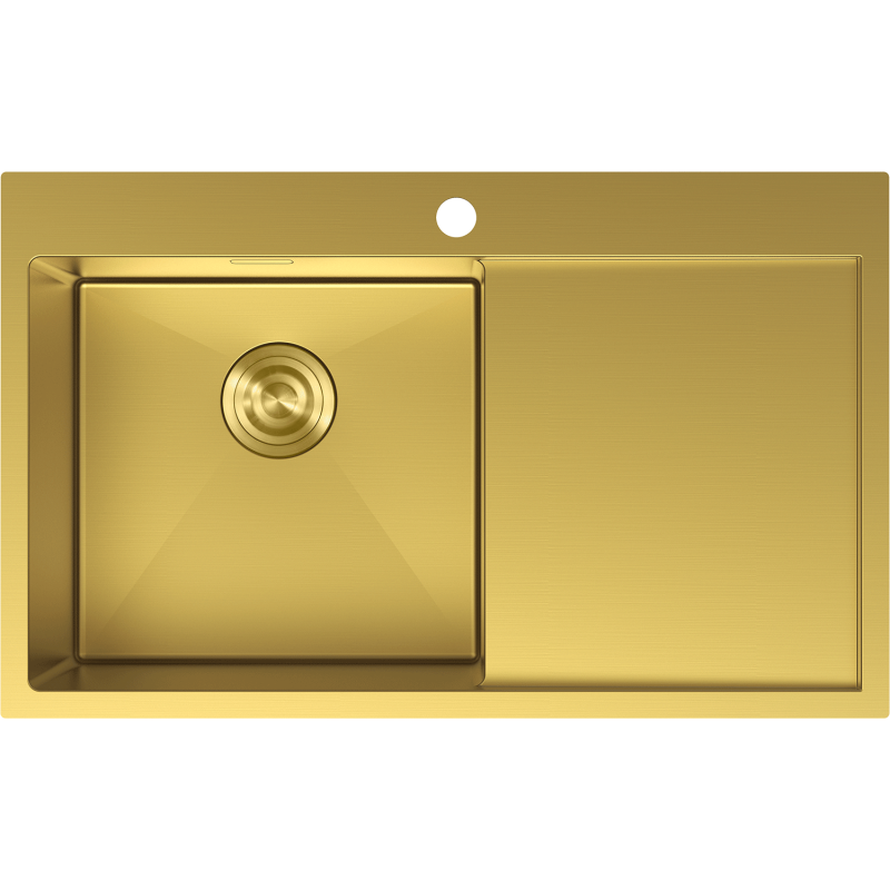 Stålvask Mexen 6433781010l-55 i gull, sett ovenfra med stor kum til venstre og avrenner til høyre.