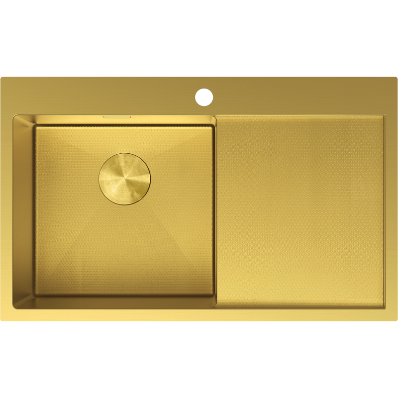 Kjøkkenvask i stål 780 x 480 mm i børstet gull med stor venstrestilt kum og høyre avrenner.