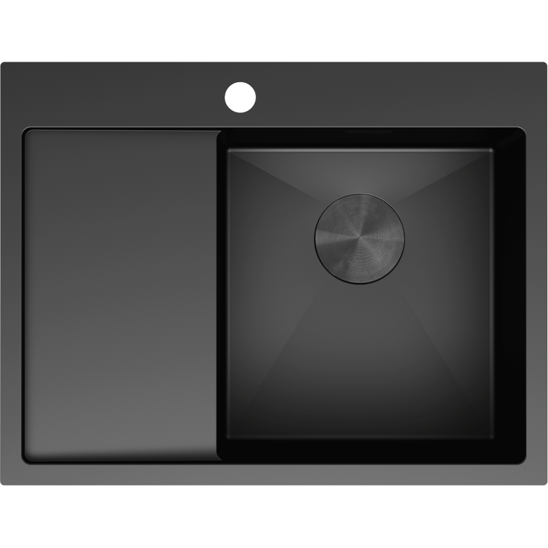 Kjøkkenvask i stål 620 x 480 mm, matt sort med én kum til høyre og avrundet kant til venstre.