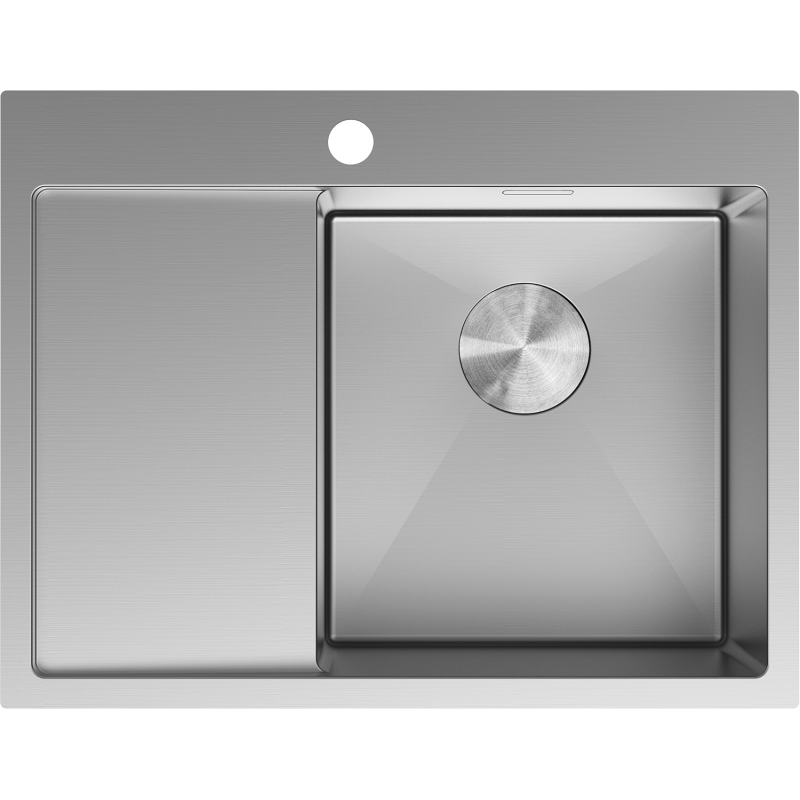 Kjøkkenvask i stål 620 x 480 mm med én kum til høyre og avrenningsfelt til venstre, sett ovenfra.