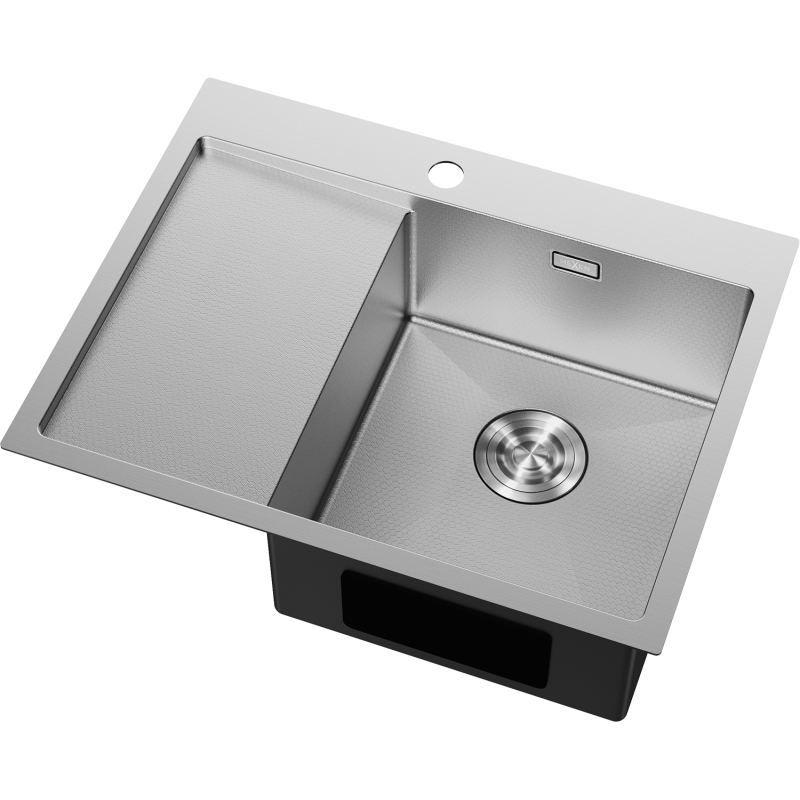 Kjøkkenvask Rustfritt Stål Mexen Exar med dyp kum og høyre avrenner sett fra skrå vinkel.