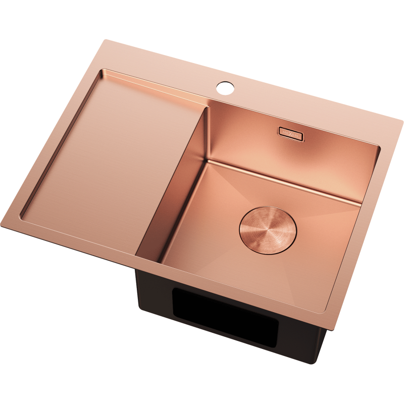 Stål Kjøkkenvask Mexen Exar i børstet kobber, skrå vinkel, firkantet kum og avrenningsfelt.