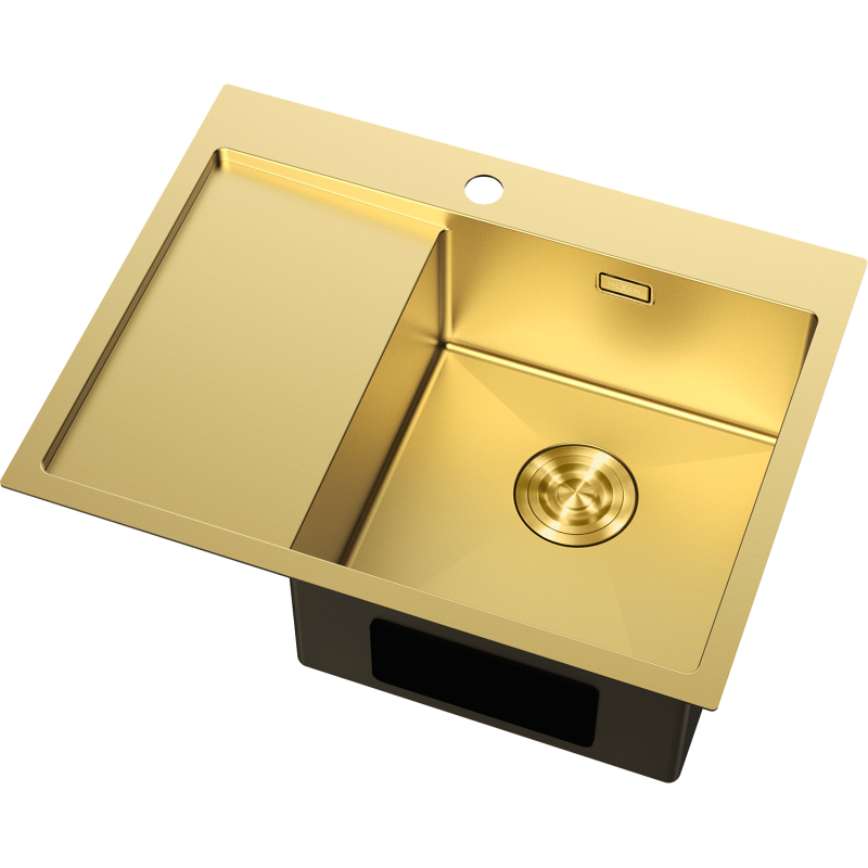 Kjøkkenvask Rustfritt Stål gull Mexen 620 x 480 mm med enkel kum og venstre avrenningsfelt sett ovenfra.