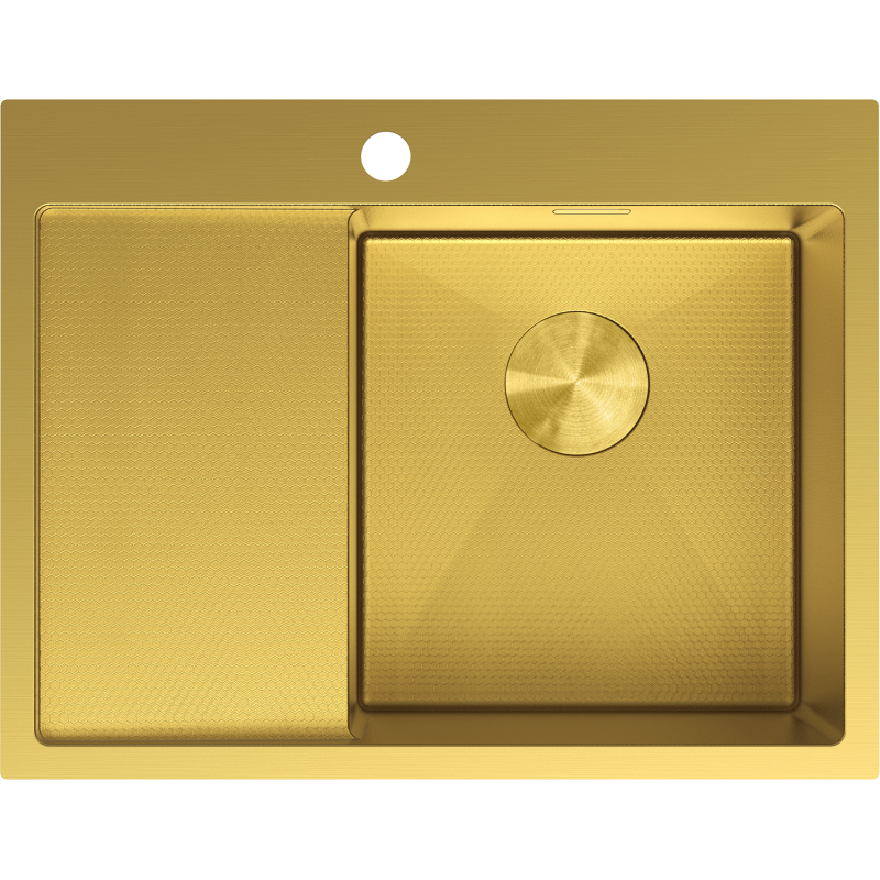 Kjøkkenvask i stål Mexen Exar gull, 1 kum, sett ovenfra med avrenner til venstre og moderne design.
