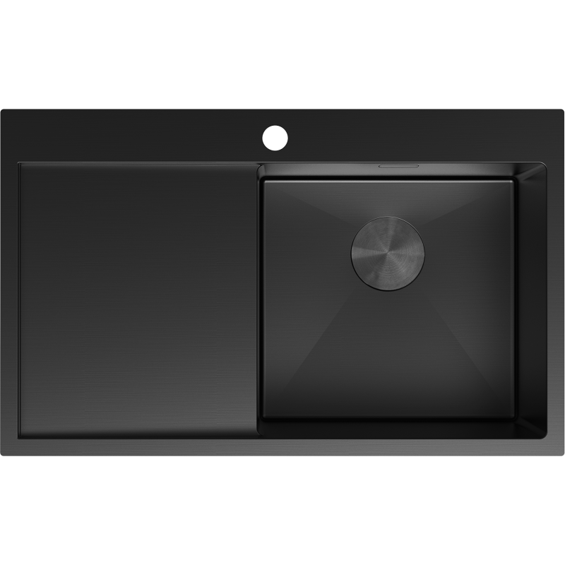 Kjøkkenvask i stål svart 780 x 480 mm med høyre avrenner, sett ovenfra med rund bunnpropp.