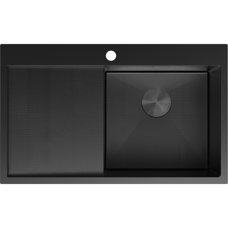 Kjøkkenvask i stål Mexen 780 x 480 mm, svart, én kum med høyre avrenner, sett ovenfra.