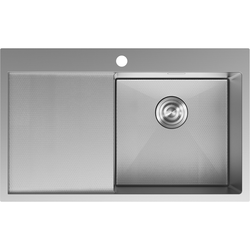 Stålvask Mexen Exar 780 x 480 mm med stor høyrekum, avrenner til venstre og hull for blandebatteri.