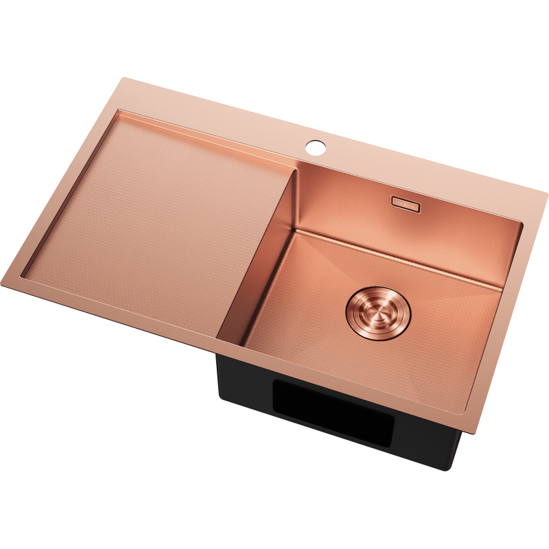 Kjøkkenvask Rustfritt Stål kobberfarget Mexen 780 x 480 mm med høyre kum og venstre avrenner.