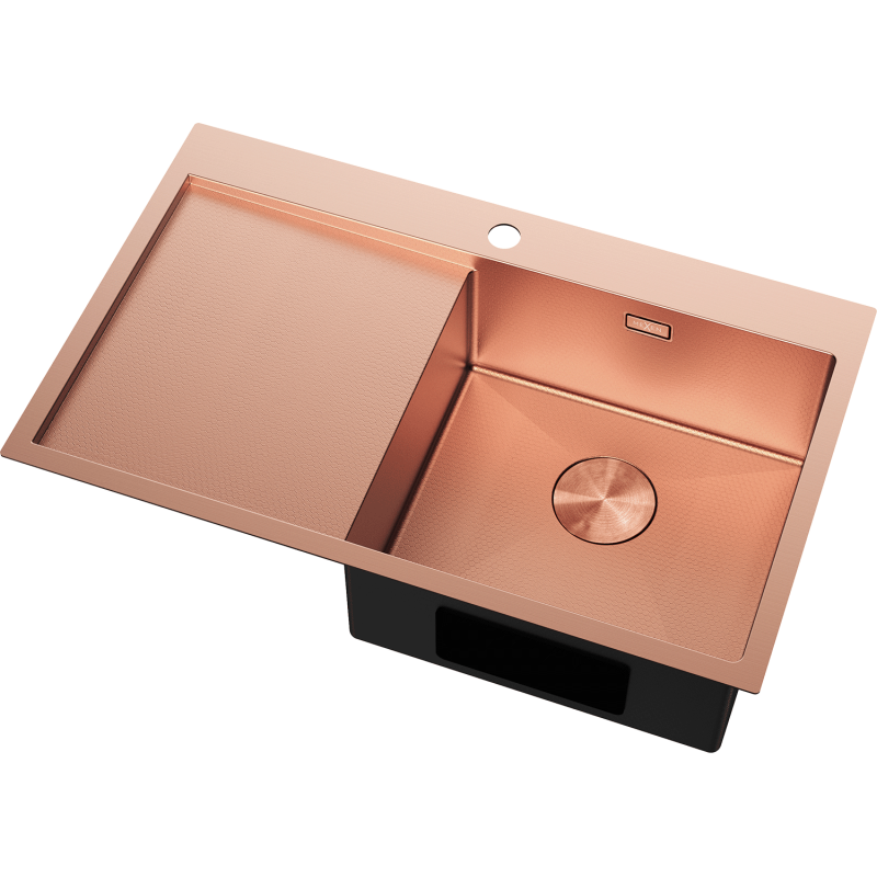 Stål Kjøkkenvask i kobber, rektangulær med én stor kum og rillet høyre avrenner, sett ovenfra.