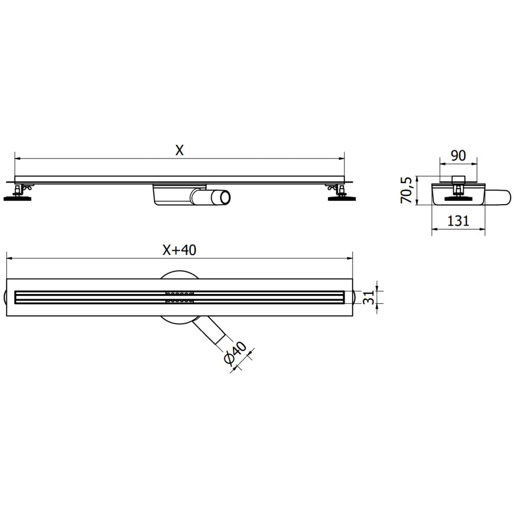 Mexen Flat 360° Slim Drenering med Linjeformet Drenering Roterbar 70 Cm Svart
