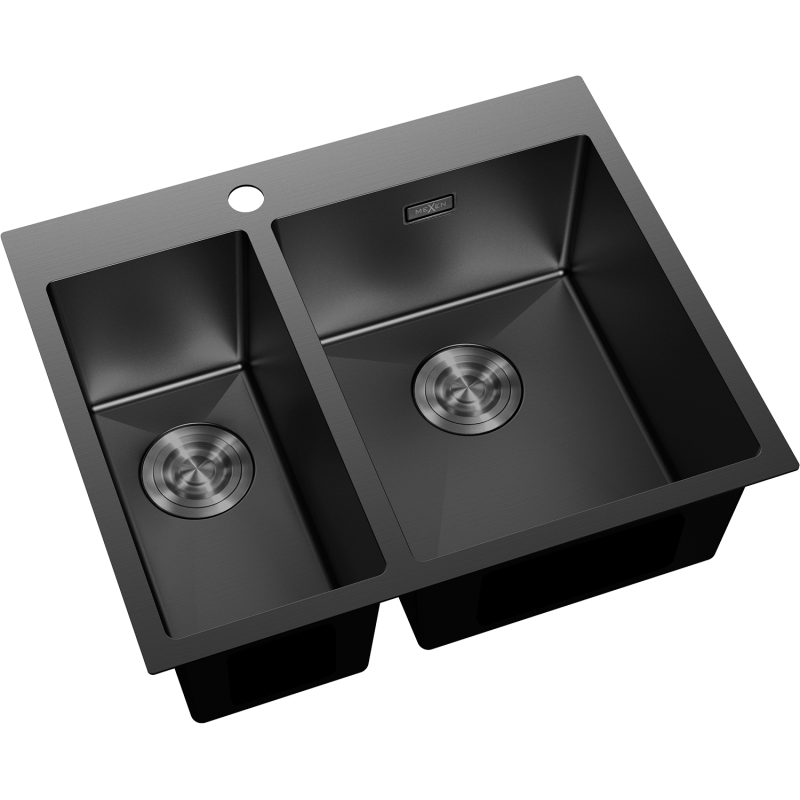 Kjøkkenvask Rustfritt Stål Mexen Flexo svart dobbel kum med avrundede hjørner og synlige bunnventiler.