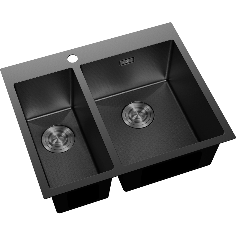 Kjøkkenvask Rustfritt Stål dobbel svart Mexen Flexo 610x510 mm med to kummer, sett skrått ovenfra.