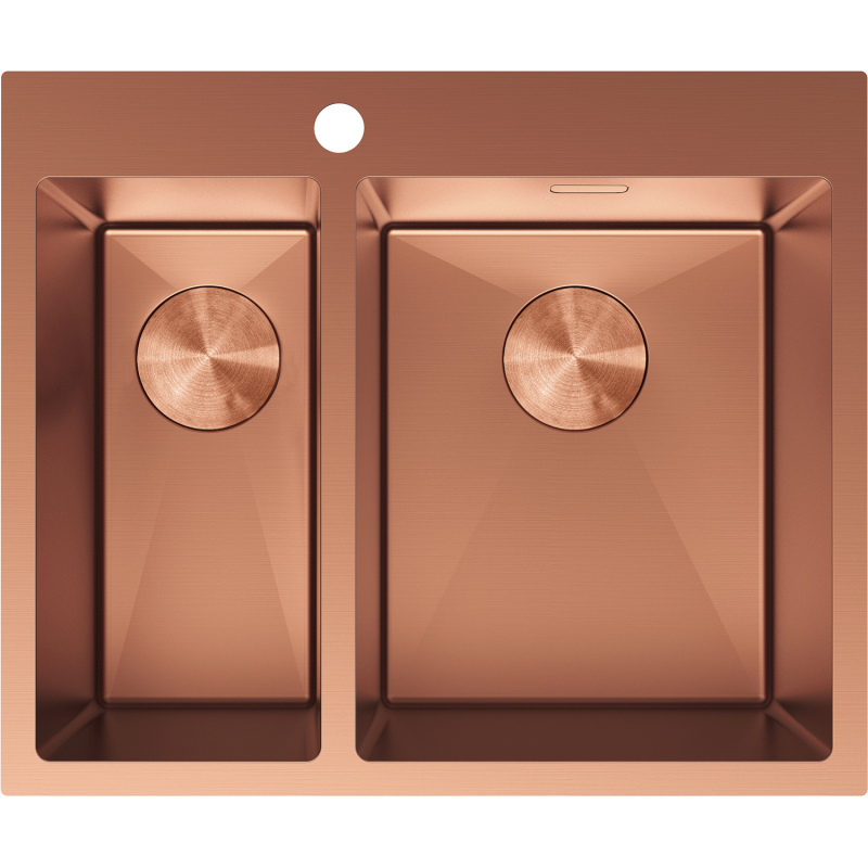 Kjøkkenvask i stål Mexen Flexo 610 x 510 mm i kobber, sett ovenfra med 1,5 kum og runde avløp.