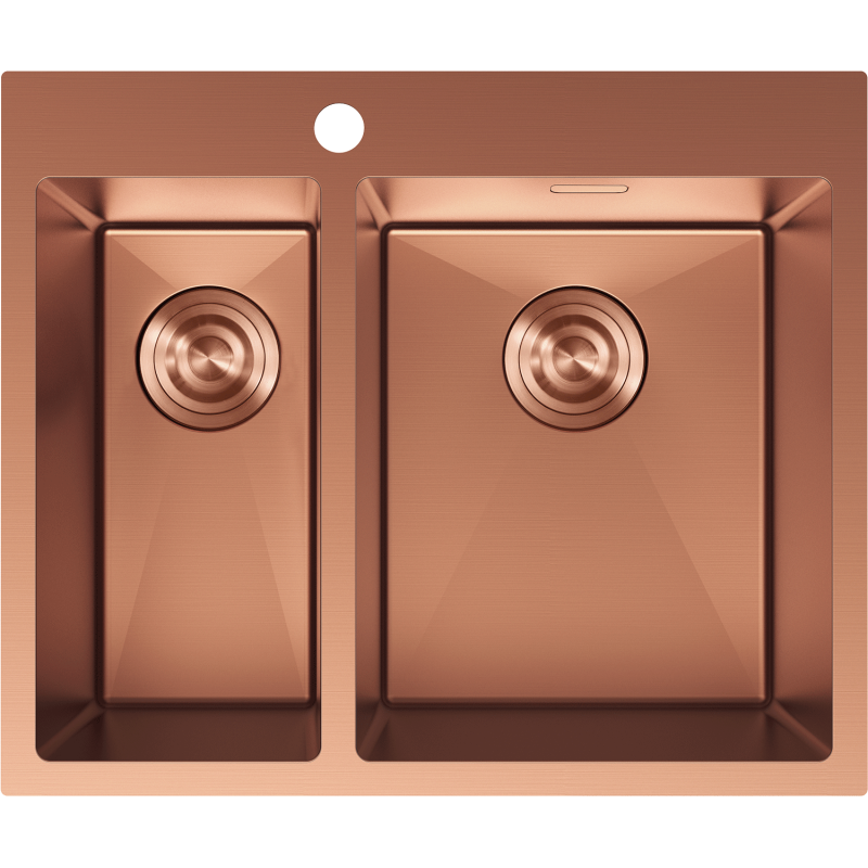 Stålvask Mexen Flexo dobbel rektangulær kjøkkenvask i børstet kobber sett ovenfra.