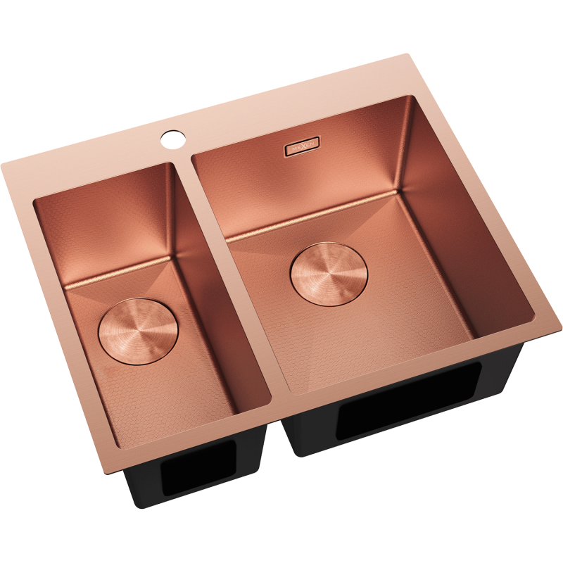 Stål Kjøkkenvask Mexen Flexo i børstet kobber, sett ovenfra med 1,5 kum og avrundede hjørner.